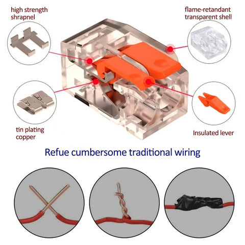 Transparent connector from 75 Piece Lever Wire Connector Kit for DIY Electrical Projects showing internal components.