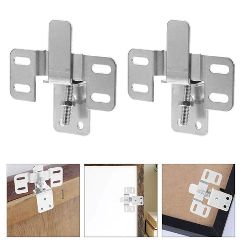 Heavy-Duty Adjustable Picture Hangers Set With Silver Frame Hooks For Wall And Drywall Frames, 6-Pcs Multi-Hook Hardware Kit For Securely Hanging Large Photos And Gallery Wall Art. Silver adjustable metal frame hangers shown mounted on picture frames and wall backs.