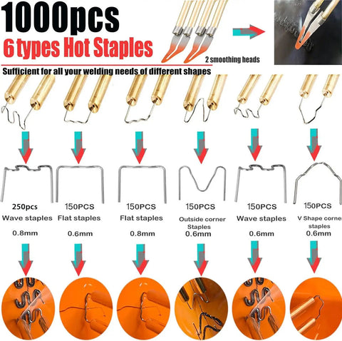 Powerful 220W 2 In 1 Pro Grade Plastic Welder Kit with 1000 hot staples for car bumper crack repair, showing 6 staple types.