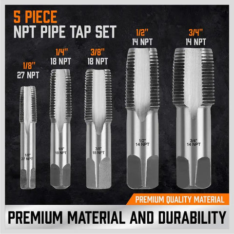 5-Piece NPT Pipe Tap Set with Heavy-Duty Storage Case Pro-Grade Carbon Steel Threading Tools 1/8 To 3/4 Inch Tapered Taps