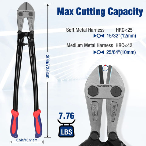 Beefy 30 Inch Bolt Cutter With Bi Material Handle And Soft Rubber Grip, Drop Forged Chrome Molybdenum Steel Blades, 30in length, cutting capacity details.