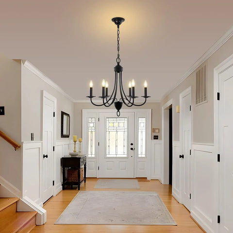 Black 6 Light Farmhouse Chandelier For Dining Room 22.4 Inch With E12 Base Industrial Ceiling Light Fixture in hallway