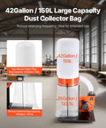 Beast 1200 CFM Dust Collector With 2.5 Micron Vortex Cone, 2.0HP, showcasing 42 gallon and 35 gallon capacity bags in woodshop setting
