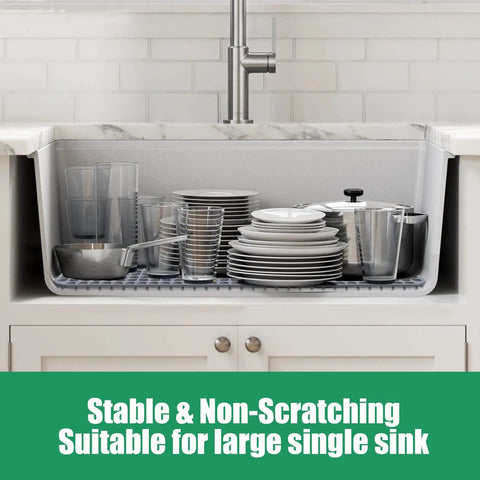 Silicone Kitchen Sink Mat Protector For Stainless Steel Sinks 27.2 X 13.4 Inches No Slip Heat Resistant Drain Grate Gray