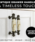 Straight Up Premium Set Of Twenty Antique Brass Cabinet Drawer Pulls Featuring Real Deal Brown Marble Ceramic Handles And Three Inch Screw Spacing For Home Makeovers on a cabinet.