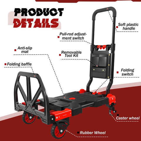 2 In 1 Folding Hand Truck Dolly Cart Heavy Duty Moving Carrier With 4 Foldable Wheels And Telescoping Handle 330lbs Capacity Red details