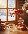 Person holding Santa sticker from 12 Piece Sublimation Paper Set For Sublimation Printers And Ink, Christmas mug and gifts nearby.