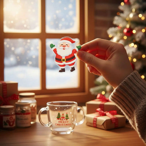 Person holding Santa sticker from 12 Piece Sublimation Paper Set For Sublimation Printers And Ink, Christmas mug and gifts nearby.