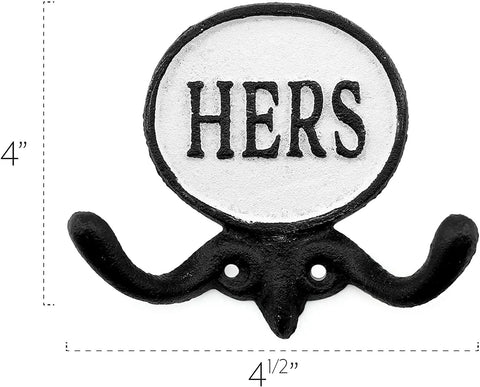 His And Hers Cast Iron Towel Hooks Set Of 2 For Wall Or Door Rustic Farmhouse Decor Dual Hooks "HERS" 4x4.5 inches