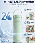 Skip The Ice Pack Struggle Portable Breast Milk Cooler Keeps Fresh Up To 24 Hours Durable Design For Two Bottles, green insulated carrier.