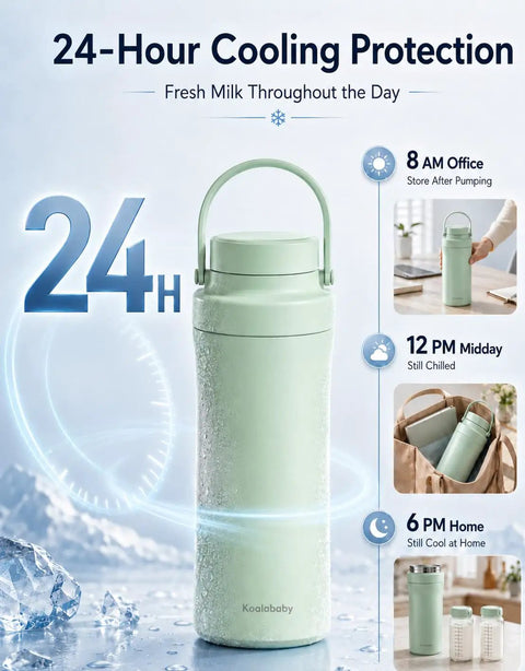Skip The Ice Pack Struggle Portable Breast Milk Cooler Keeps Fresh Up To 24 Hours Durable Design For Two Bottles, green insulated carrier.