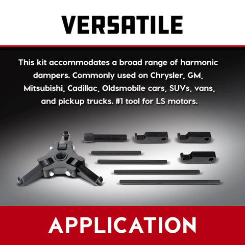 Harmonic Balancer Puller Set With Adjustable 3 Jaw Design on display, showing various components and compatibility details.