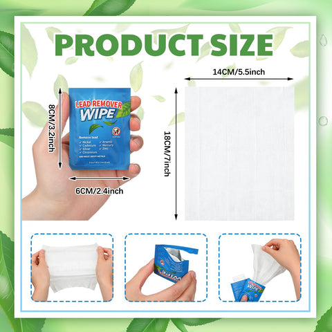 Dimensions of 100 Pack Lead Remover Wipes for Shooting Ranges and Industrial Cleaning, individually wrapped, shown in inches and cm.