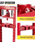 Close-up of Heavy Duty 12 Ton H Frame Hydraulic Shop Press with adjustable table and movable plates for auto repair.