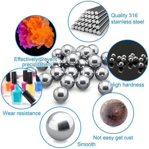 Top Shelf Rock Solid 316 Stainless Steel Paint Mixing Balls And Nail Polish Stirring Beads Smooth Rolling 4mm Metal Bearing Spheres for Crafts on a white background.
