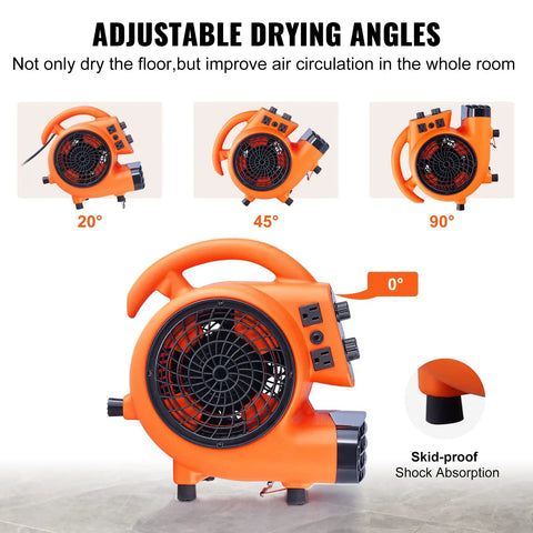 Beast Mode Air Mover Carpet Dryer 0.25 HP 1000 CFM Portable Floor Blower With 4 Adjustable Angles and Time Function