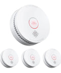 Top Shelf Photoelectric Smoke Detector With 9V Battery Operation And Ultra Sensitive Slow Smoldering Fire Alert Low Battery Warning Easy Install UL217 Certified Listing Heavy Duty Home Protection Four Pack Unit Bundle in white color.