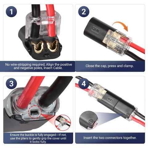 Steps to connect 2 Pin Low Voltage Wire Connector Kit for 16 to 18 AWG cables with quick disconnect and locking buckle.