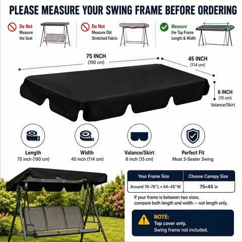Heavy Duty Patio Swing Canopy Replacement Top Waterproof Windproof UV Resistant Rip Proof Garden Cover Fits 75x45 Or 85x45 Outdoor Swing Seats For Yard Porch Park