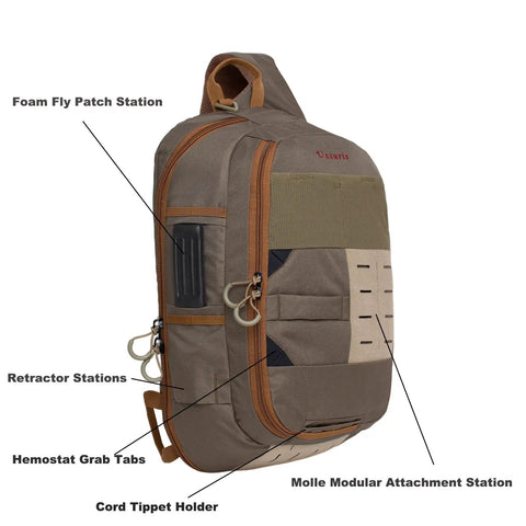Fly Fishing Sling Pack With Quick Access Chest Design For River Runs, Olive Green, showing storage features and tool holders