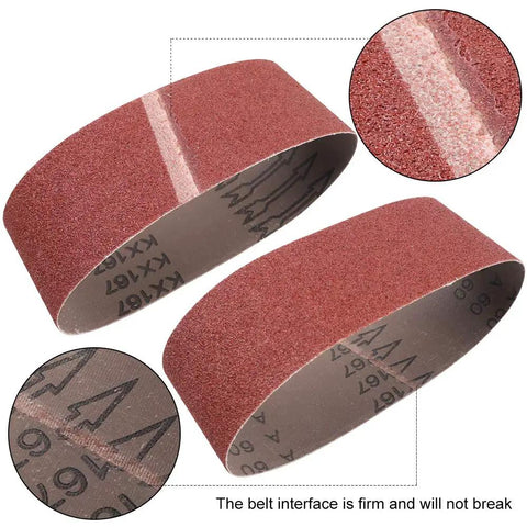 Close-up of 3x18 inch sanding belts with aluminum oxide paper, showing grit and interface detail, suitable for woodworking and DIY projects.