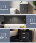 Black cabinets and drawers in living room, kitchen, and bedroom settings with 5 Pack 3 Inch Brushed Nickel Cabinet Pulls Stainless Steel T Bar Handles.