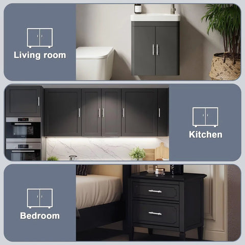 Black cabinets and drawers in living room, kitchen, and bedroom settings with 5 Pack 3 Inch Brushed Nickel Cabinet Pulls Stainless Steel T Bar Handles.