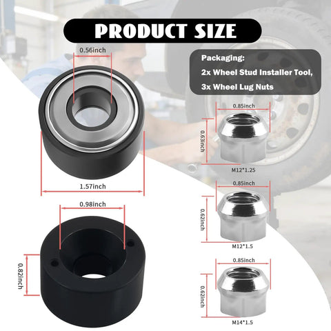 Heavy Duty Wheel Stud Installer Kit 2 Pack For Cars Pro Grade Includes 3/4 Inch Lug Nuts And M12x1.25 M12x1.5 M14x1.5 Stud Tools OEM 22800 Replacement Easy Accurate Wheel Stud Replacement And Installation showing product size with captions.