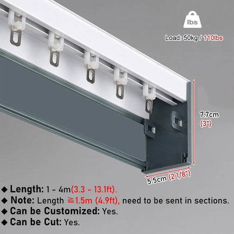 Two In One Sliding Barn Door Track Rock Solid Aluminum Build With Smooth As Butter Gliders For Whisper Quiet Bedroom Curtains Fresh Green Cuttable Ceiling Rail Super Simple Diy Install, close-up of adjustable guide track with measurements.