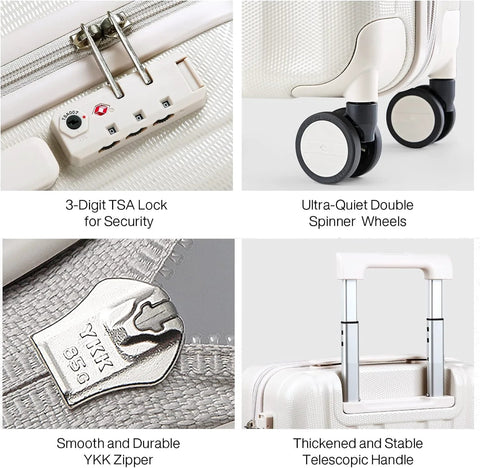 Close-ups of TSA lock, double spinner wheels, YKK zipper, and telescopic handle on Underseat Carry On Luggage With Wheels 16 Inch Hard Shell Weekender Suitcase Travel Approved Lightweight Ivory White For Women And Men Fits Under Airline Seats Durable Design Easy Glide Wheels Great Holiday Gift Idea.