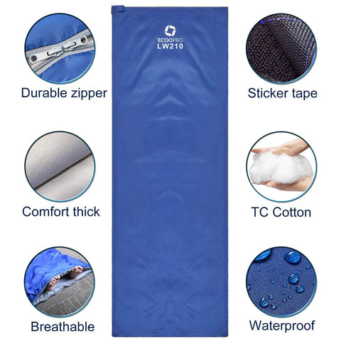 Warm Weather Outdoor Sleeping Bag Waterproof Ultra Lightweight And Compact With Compression Sack No Sweat Comfort For Camping Backpacking And Hiking Fits Adults 83 Liters By 30 Inches Nylon Outer Breathable Polyester Lining 55 To 60 F showing features like durable zipper and comfort thick