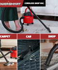 Cordless Shop Vac Wet And Dry 20V 4.0Ah Battery And Charger Included 2.6 Gallon Wet Dry Vacuum Cleaner in use on carpet, car, and shop surfaces.