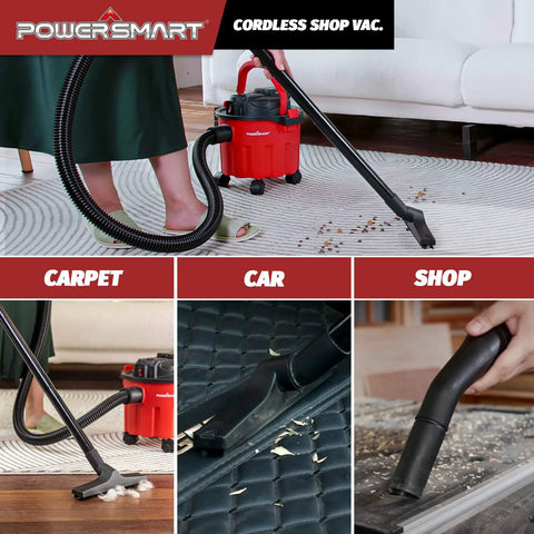 Cordless Shop Vac Wet And Dry 20V 4.0Ah Battery And Charger Included 2.6 Gallon Wet Dry Vacuum Cleaner in use on carpet, car, and shop surfaces.