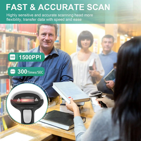 People using No-Fuss Handheld USB Barcode Scanner, Wired Plug And Play, 1D 2D QR PDF417 Data Matrix Reader in a library setting.