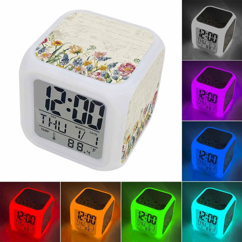 Super Chill Wildflower Digital Alarm Clock With Truly Silent Operation, Integrated Nightlight And Easy Snooze Button, Displays Time Date And Temperature, A Must Have Bedroom Essential in multiple colors and patterns.
