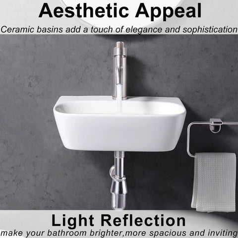 Slick Space Saving White Corner Sink For Tiny Bathrooms, Wall Mount, 11 By 11 By 4 Inch Ceramic Vessel Lavatory with faucet.