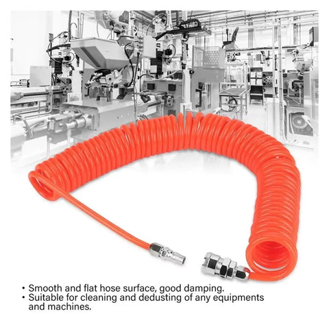 Heavy Duty Coiled Pneumatic Air Hose Reel That Retracts Like Magic To Tidy Up Workshop Messes Real Fast Plus Fits Most Standard Compressor Tools Like A Dream With Flexible Spiral Tube And Easy Plug Connections For Top Notch Airflow, orange coiled hose with metal fittings for machine cleaning