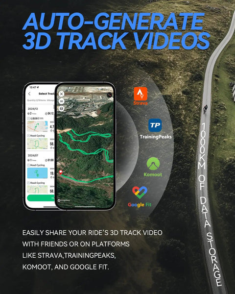 Smartphone displaying 3D track videos with Ultra Thin GPS Bike Computer With 2.3 Inch Laminated Screen Wireless IPX7 Waterproof Bluetooth ANT Plus Cycling Computer Lightweight 45g Entry Level Gear That Outsmarts Your Old Speedometer Dope Cycling Tech interface.