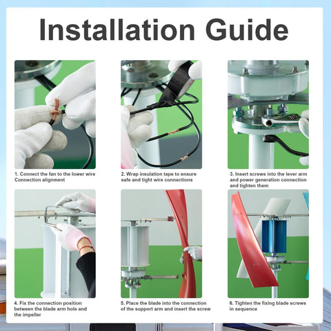Installation guide for 3000W Wind Turbine Kit With 12V 24V Vertical Axis Maglev Generator And Controller, step-by-step visuals.