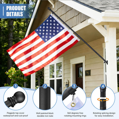 Flag Pole Kit With 3x5 USA Flag 6Ft Heavy Duty Steel Tangle Free Flagpole For Outdoor Home Display With Aluminum Bracket