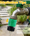 Close-up of a garden tap with a green Six Sets Garden Hose Quick Connectors, 3/4 Inch Plastic Hose Fittings attached.