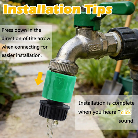 Close-up of a garden tap with a green Six Sets Garden Hose Quick Connectors, 3/4 Inch Plastic Hose Fittings attached.