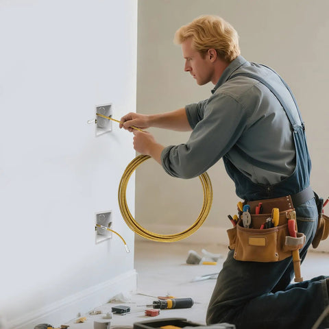 Electrician using Heavy Duty 25ft Fish Tape Wire Puller for Electrical Cables Through Wall Guide with Spring Steel Wire