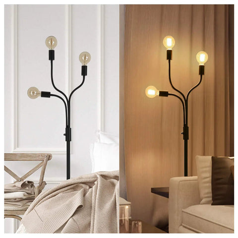 Dimmable Industrial Floor Lamp With 3 Adjustable Gooseneck Arms, Tall Tree-Style Farmhouse Standing Lamp For Living Room, Bedroom, Office, And Home Decor, 67 Inch High Black Metal Finish in a room setting.