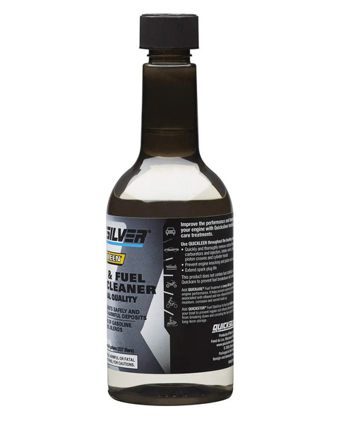 12 oz Quickleen Engine And Fuel System Cleaner bottle visible with label facing forward, suitable for all gas and ethanol blends