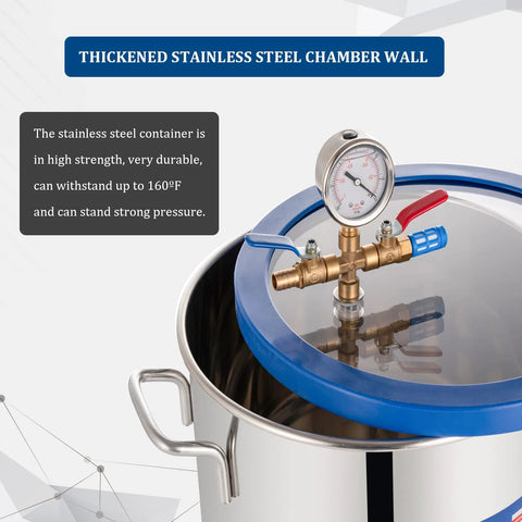 Front view of a 9-gallon stainless steel vacuum chamber with tempered glass lid, blue gasket, brass valve and gauge.