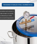 Front view of a 9-gallon stainless steel vacuum chamber with tempered glass lid, blue gasket, and brass valve gauge.