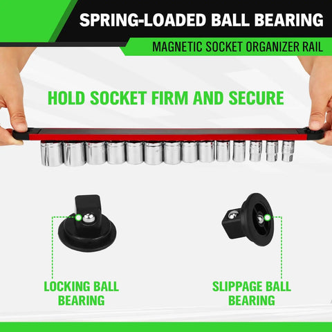 Heavy Duty Three Eighth Inch Magnetic Socket Organizer Rail With Aluminum Alloy Construction, 14 Clips, showing locking ball bearings