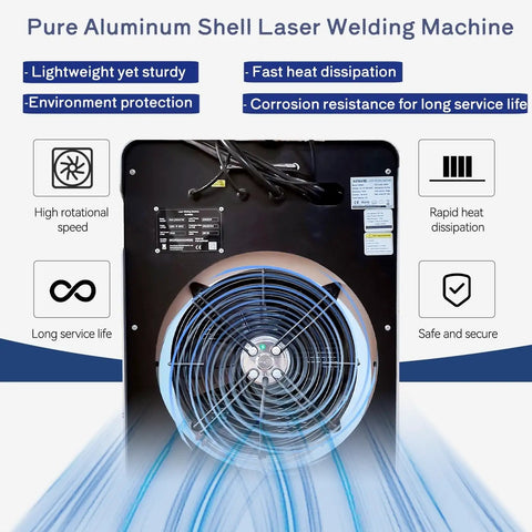 Back view of Pure Aluminum Shell Laser Welding Machine highlighting fast heat dissipation for Knockout 4 In 1 1200W Laser Welder And Metal Cutter Kit.