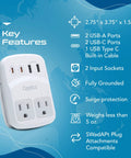 World Travel Adapter Kit With 2 US Outlets 2 USB A Quick Charge 3.0 2 USB C 20W Power Delivery Surge Protection SWADAPT shown with features